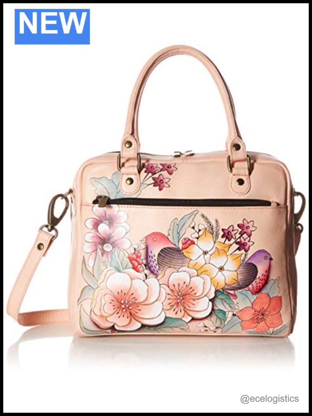 Genuine Leather Hand Painted Satchel Crossbody Bag with Zipper Closure
